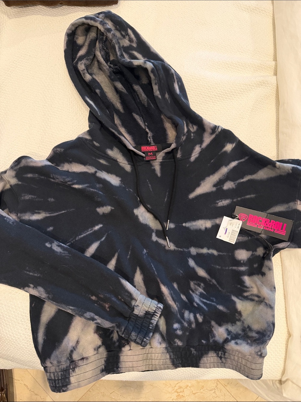 Rock & Roll Denim crop Tie-Dye Hooded Sweatshirt in Black and Gray